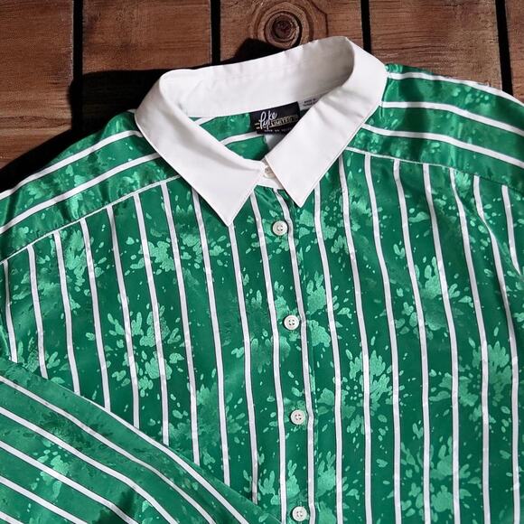 PYKE Limited Green Print Button Down Blouse Shirt Top L XL - Picture 2 of 2
